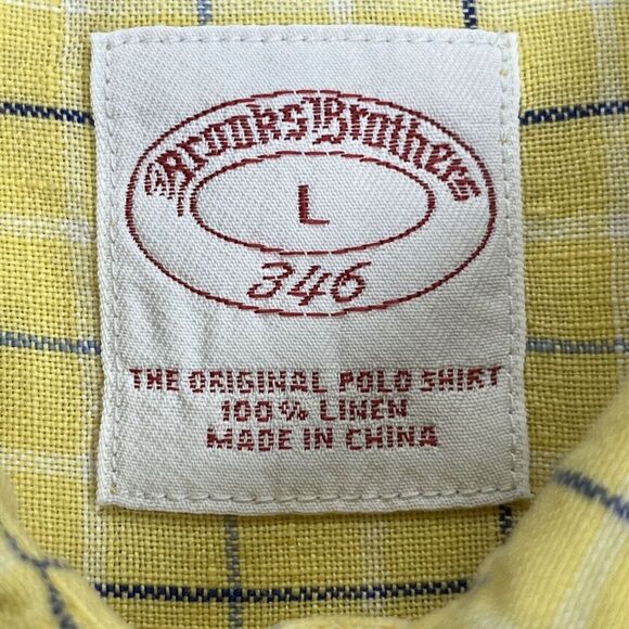 Brooks Brothers Men’s The Original Polo Shirt Linen Yellow Plaid Size Large - Picture 2 of 8